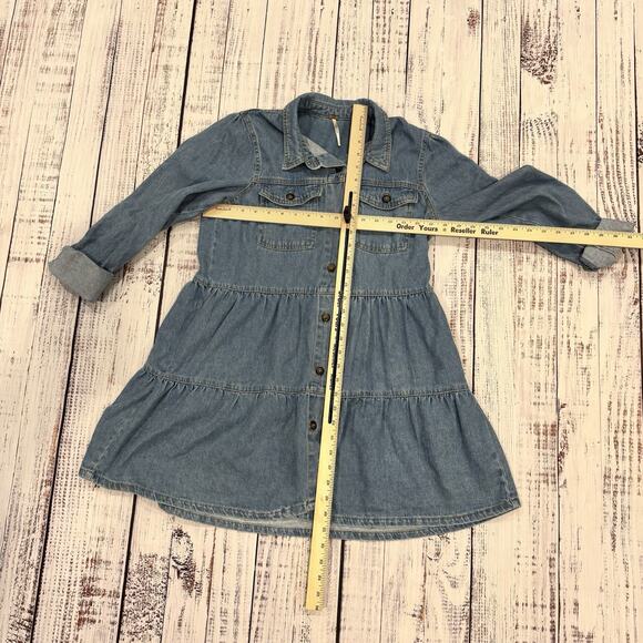 Free People Nicole Shirt Dress Small Blue Denim Tiered Mini Boho Long Sleeve - Picture 3 of 9